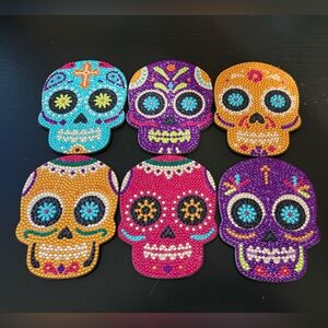 6 Hand Embellished Day of the Dead Skull Coasters -Diamond Art Rhinestone
